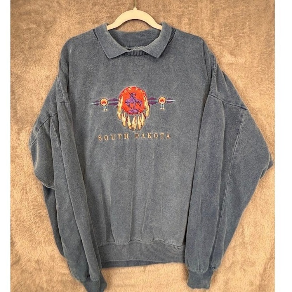 Vintage Habitat South Dakota‎ Collared Sweatshirt XL Blue Made in USA Cotton